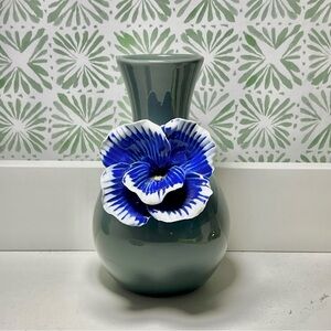 Anthropologie Gray Vase with 3D Blue Flower Detail